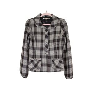 Vtg Threads Black & Gray Retro Preppy Tailored Plaid Blazer Jacket Size S